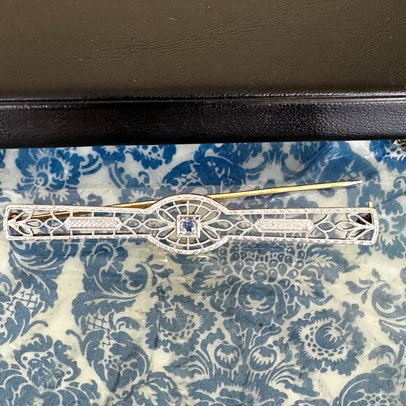 Antique Art Deco Platinum & 14K Gold Open Filigree Cut Bar Pin-Brooch 1900"s